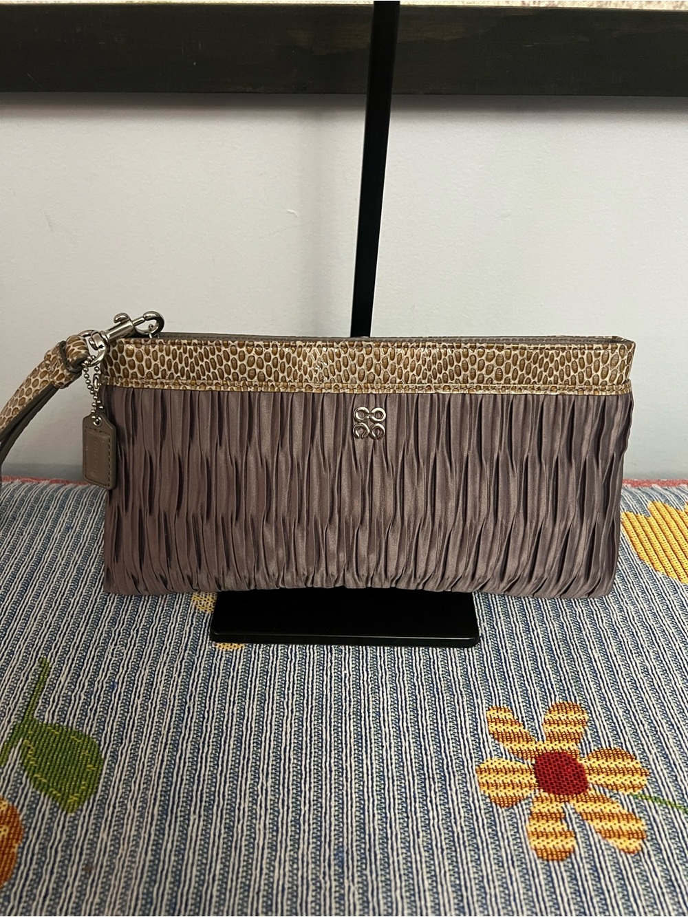 Coach Taupe Pleated Wristlet with Tan and Python Accent